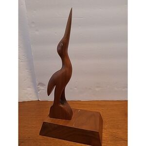 Vintage Wooden Hand Carved Crane Bird Figurine Primitive Mcm 11" Signed‎